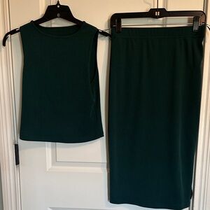 Women's Dark Teal Ribbed Pencil Midi Skirt- Top Set